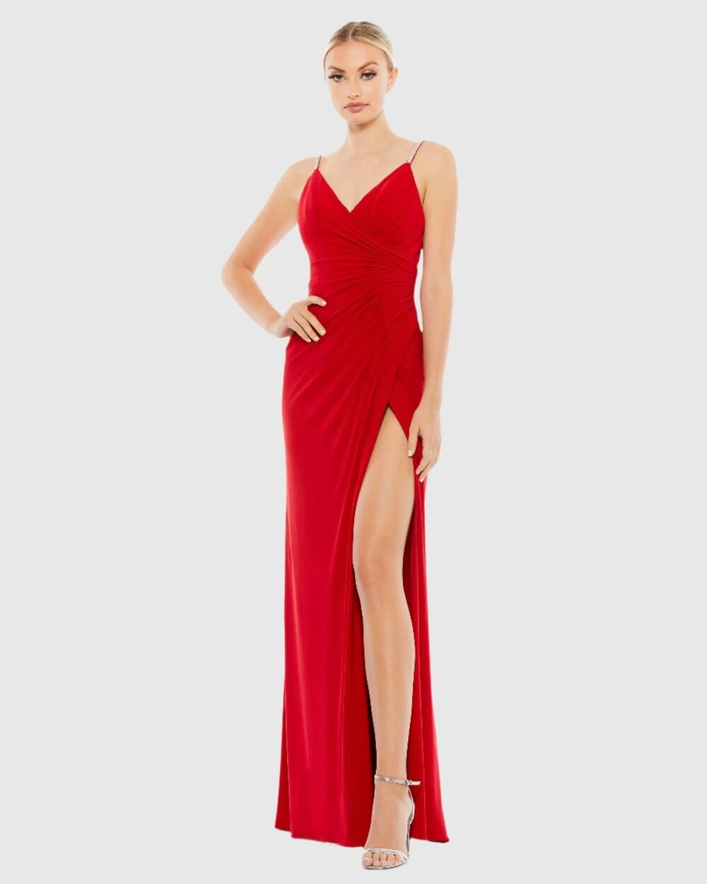 NWOT Ieena for Mac Duggal Red Faux Wrap V Neck Open Back Gown Size 4